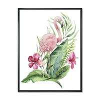 DesignArt 'Flamingo s ružičastim cvjetovima i egzotičnim lišćem' Tradicionalno uokvireno platno zidne umjetničke