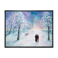 Par zaljubljenih šetnji tijekom snježnih zimskih vremena uokvireno slikanje platna umjetnički tisak