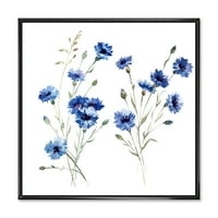 DesignArt 'plavi kukuruzni cvijeće sa zelenim lišćem na bijelom III' tradicionalno uokvireno platno zidne umjetničke