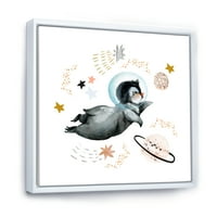DesignArt 'Little Penguin Leteći planeti i zvijezde II' Farmhouse uokvirena platna zidna umjetnička tiska