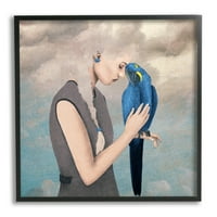 _ Sanjiva žena s oblačnom kosom, svijetloplava papiga, uokvirena zidna umjetnost, 24, dizajn Paula Belle flores