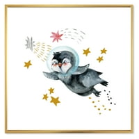 DesignArt 'Little Penguin Leteći planeti i zvijezde I' Farmhouse uokvirena platna zidna umjetnička tiska