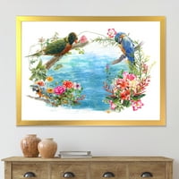 Dizajnerska umjetnost papige i cvijeće na obali plave vode uokvireni tradicionalni umjetnički tisak